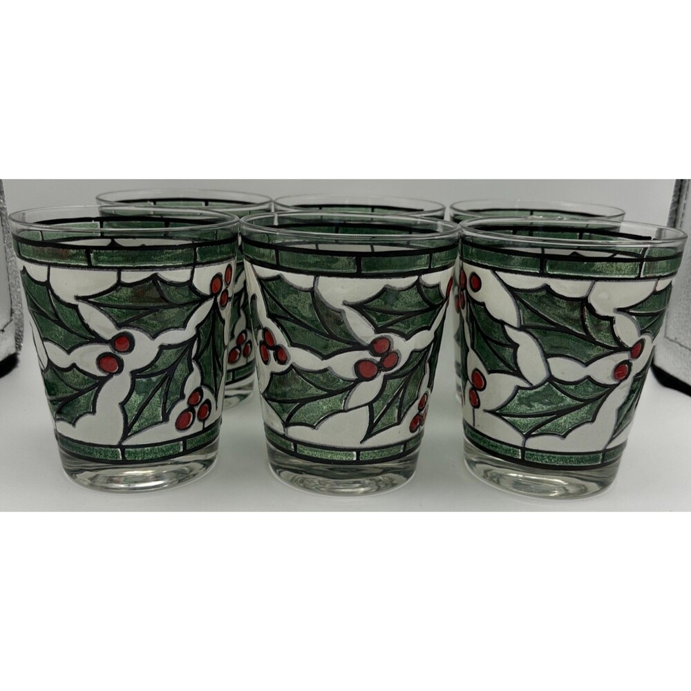WEST VIRGINIA Snowy Stained Glass Holly & Berry 16Oz Lo-Ball Rocks Vintage Set 6